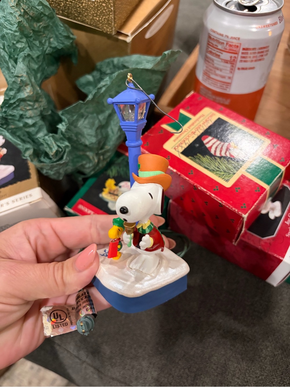 Snoopy Holiday Lamp Post Figurine Ornament - White & Blue